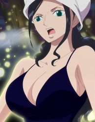 Rule 34 | 1girl, alternate costume, aura, bare shoulders, black hair, blue eyes, breasts, curvy, dress, highres, large breasts, long hair, nico robin, nico robin (dressrosa), official alternate costume, one piece, open mouth, screencap, short dress, standing, stitched, third-party edit, toei animation, very long hair