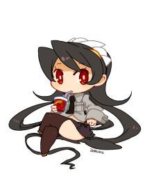 Rule 34 | 1girl, 2014, black hair, black thighhighs, breasts, chibi, crossed arms, dated, drinking, filia (skullgirls), long hair, looking at viewer, md5 mismatch, mota, red eyes, resized, samson (skullgirls), simple background, sitting, skirt, skullgirls, solo, thighhighs, white background