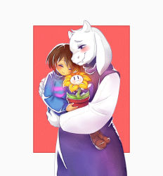Rule 34 | 1girl, androgynous, blush, boots, brown hair, carrying, closed eyes, fangs, flower, flower pot, flowey (undertale), frisk (undertale), furry, furry female, horns, italoo-taina, italoo taina, monster girl, plant, potted plant, robe, smile, striped clothes, striped sweater, sweater, toriel, undertale