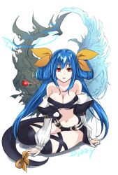 Rule 34 | 1girl, angel wings, asymmetrical wings, ayato g90210, bare shoulders, belt, black panties, black thighhighs, blue hair, breasts, character name, cleavage, collarbone, detached sleeves, dizzy (guilty gear), glowing, glowing eye, guilty gear, guilty gear x, guilty gear xx, hair ribbon, hair rings, highres, large breasts, long hair, long sleeves, looking at viewer, midriff, monster girl, navel, necro (guilty gear), open mouth, panties, parted lips, puffy long sleeves, puffy sleeves, red eyes, ribbon, sidelocks, sitting, skindentation, stomach, thigh strap, thighhighs, twintails, underboob, underwear, undine (guilty gear), wings, yellow ribbon