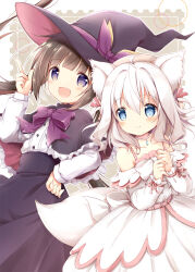 Rule 34 | 2girls, :d, animal ear fluff, animal ears, bare shoulders, black capelet, black headwear, black skirt, blue eyes, blush, brown hair, capelet, closed mouth, collarbone, commentary request, dress, frilled capelet, frills, hand up, hat, highres, index finger raised, long hair, long sleeves, multiple girls, nanase miori, off-shoulder dress, off shoulder, open mouth, original, own hands together, puffy long sleeves, puffy sleeves, purple eyes, shirt, skirt, sleeves past wrists, smile, tail, twintails, very long hair, white dress, white hair, white shirt, witch hat