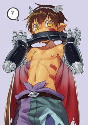 Rule 34 | 1boy, android, brown hair, cape, cr72, facial mark, grey background, looking at viewer, made in abyss, male focus, nipples, pointy ears, regu (made in abyss), topless male, short hair, simple background, thick eyebrows, yellow eyes