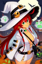 1girl absurdres adapted_costume breasts cleavage collarbone cowboy_shot dress earrings food-themed_earrings food_themed_earrings full_moon ghost green_eyes grey_hair guilty_gear guilty_gear_strive halloween_costume hat highres jack-o&#039;_valentine jewelry large_breasts long_hair moon night pumpkin pumpkin_earrings red_hair short_dress smgold solo_focus white_dress white_hat witch_hat