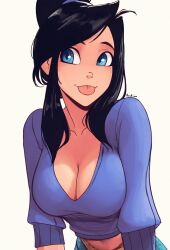 Rule 34 | 1girl, absurdres, artist name, asymmetrical bangs, black hair, blue eyes, breasts, cleavage, collarbone, hairband, highres, large breasts, long sleeves, neck, original, ponytail, purple hairband, purple sweater, raichiyo33, sidelocks, smile, solo, stray hair, sweater, tongue, tongue out, white background