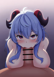 Rule 34 | 1boy, 1girl, absurdres, ahoge, bad id, bad pixiv id, bar censor, blue hair, blush, breasts, censored, fellatio, ganyu (genshin impact), genshin impact, goat horns, gradient background, hetero, highres, horns, large breasts, long hair, looking at viewer, low ponytail, nipples, oral, penis, pointless censoring, pov, pov crotch, purple background, purple eyes, sssiluva