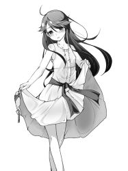 Rule 34 | 10s, 1girl, black hair, dress, greyscale, houshou (kancolle), isshitaira, kantai collection, long hair, monochrome, simple background, skirt hold, smile, solo