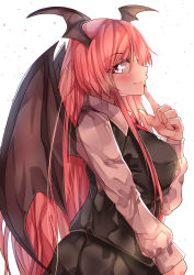 Rule 34 | 1girl, absurdres, bat wings, black skirt, black vest, blush, breasts, closed mouth, collared shirt, commentary request, from side, head wings, highres, koakuma, large breasts, long hair, long sleeves, looking at viewer, looking to the side, mahoro (minase mahoro), nail polish, orange eyes, red hair, red nails, shirt, simple background, skirt, smile, solo, touhou, very long hair, vest, white background, white shirt, wings