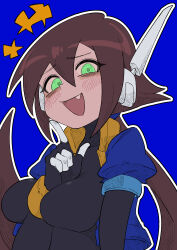 Rule 34 | 1girl, absurdres, aile (mega man zx), arm between breasts, between breasts, blue background, blue jacket, blush, breasts, brown hair, buzzlyears, covered collarbone, cropped jacket, fang, green eyes, highres, jacket, long hair, looking at viewer, medium breasts, mega man (series), mega man zx, mega man zx advent, open clothes, open jacket, open mouth, ponytail, robot ears, simple background, smug, solo, upper body