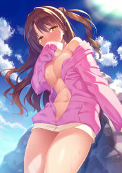 Rule 34 | 1girl, blue sky, blush, breasts, brown eyes, brown hair, cloud, commentary request, cowboy shot, day, drawstring, hair between eyes, hand to own mouth, highres, hood, hoodie, idolmaster, idolmaster cinderella girls, kazuma (kazumav), large breasts, lens flare, long hair, long sleeves, looking at viewer, naked hoodie, navel, off shoulder, open clothes, outdoors, pink hoodie, rock, shimamura uzuki, sky, smile, solo, sweat, thighs