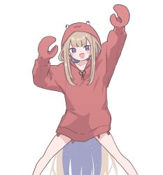 Rule 34 | 1girl, absurdres, alternate costume, amanogawa shiina, animal hood, bare legs, blonde hair, blue eyes, blue hair, crab hood, highres, hood, looking at viewer, lyrinne, multicolored hair, open mouth, phase connect, simple background, smile, solo, starry hair, two-tone hair, v-shaped eyebrows, virtual youtuber, white background