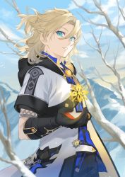 Rule 34 | 1boy, albedo (genshin impact), aqua eyes, blonde hair, blue shirt, branch, coat, commentary request, day, genshin impact, gloves, hair between eyes, highres, hood, hood down, hooded coat, looking at viewer, male focus, mountain, n oel, outdoors, parted lips, scar, scar on neck, shirt, short sleeves, snow, solo, tree, vision (genshin impact)