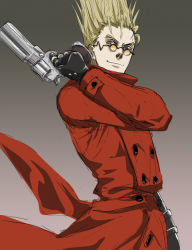 Rule 34 | 1boy, agl arms .45 long colt, blonde hair, blue eyes, break-action revolver, coat, gb (doubleleaf), gloves, gun, handgun, high collar, long coat, low bore axis revolver, male focus, red coat, revolver, short hair, simple background, smile, solo, spiked hair, sunglasses, trigun, vash the stampede, weapon