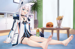 Rule 34 | 1girl, ahoge, animal ears, artist name, bare legs, black bra, black choker, black dress, blush, bra, burger, carpet, choker, collarbone, commentary request, cup, curtains, disposable cup, dog tags, dress, earrings, food, foreshortening, fox ears, fox girl, fox tail, french fries, fur-trimmed jacket, fur trim, green eyes, hair between eyes, hololive, indoors, jacket, jewelry, long sleeves, looking at viewer, open clothes, open jacket, open mouth, shirakami fubuki, shirakami fubuki (fubukitek), shirt, sidelocks, signature, sitting, skyrail, solo, spread legs, tail, thigh strap, underwear, virtual youtuber, white hair, white jacket, white shirt