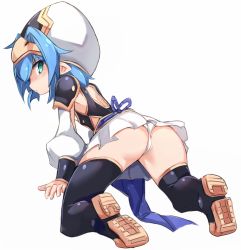 Rule 34 | 1girl, all fours, ass, black footwear, black thighhighs, blue hair, blush, boots, closed mouth, full body, green eyes, hair between eyes, hat, hellmatio, karukan (monjya), long sleeves, nose blush, panties, pleated skirt, profile, puffy long sleeves, puffy sleeves, shinrabanshou, shoe soles, simple background, skirt, solo, thick eyebrows, thigh boots, thighhighs, underwear, white background, white hat, white panties, white skirt