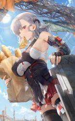 Rule 34 | 1girl, bag, baguette, black gloves, braid, bread, breasts, cloud, cloudy sky, cowboy shot, douya (233), eating, fingerless gloves, food, food in mouth, french braid, girls&#039; frontline, girls&#039; frontline 2: exilium, gloves, grey hair, highres, holding, holding bag, holding food, large breasts, looking at viewer, medium hair, paper bag, pizza, pizza slice, red eyes, red skirt, shotgun shell, skirt, sky, solo, spas-12 (girls&#039; frontline), sun