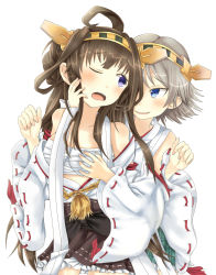 Rule 34 | 10s, 2girls, bandages, bare shoulders, blue eyes, blush, grabbing another&#039;s breast, breasts, brown hair, detached sleeves, double bun, frilled skirt, frills, grabbing, hadron9, hair ornament, hairband, hand on another&#039;s cheek, hand on another&#039;s face, headgear, hiei (kancolle), highres, japanese clothes, kantai collection, kongou (kancolle), long hair, miko, multiple girls, naughty face, nontraditional miko, one eye closed, open mouth, personification, plaid, plaid skirt, ribbon-trimmed sleeves, ribbon trim, short hair, skirt, smile, wavy mouth, wide sleeves, yuri