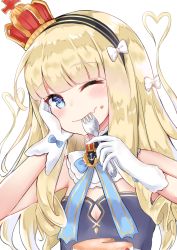 Rule 34 | 1girl, ;), anchor symbol, azur lane, bare shoulders, black hairband, blonde hair, blue bow, blue dress, blue eyes, bow, breasts, closed mouth, commentary request, crown, dress, eating, fang, fang out, food, food on face, fork, gloves, hair bow, hairband, hand on own face, head tilt, heart, heart hair, highres, holding, holding fork, koda (k-works), long hair, mini crown, one eye closed, queen elizabeth (azur lane), simple background, small breasts, smile, solo, strapless, strapless dress, tilted headwear, upper body, utensil in mouth, white background, white bow, white gloves
