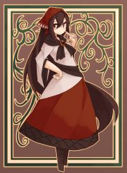Rule 34 | 1girl, absurdly long hair, adapted costume, alternate hair length, alternate hairstyle, black footwear, blouse, blush, boots, breasts, brooch, brown hair, eyes visible through hair, finger gun, finger to cheek, from side, full body, hand on own hip, head scarf, imaizumi kagerou, jewelry, kaginoni, long hair, long legs, looking at viewer, no tail, patterned background, red eyes, red skirt, sash, shirt, skirt, smile, solo, standing, touhou, very long hair, white shirt, wide sleeves