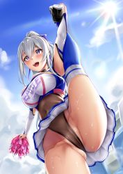 Rule 34 | 1girl, 3104 (3104milkshake), :d, armpit cutout, armpits, ass, azur lane, black leotard, blue sky, blue thighhighs, blush, bow, breasts, cameltoe, casablanca (azur lane), casablanca (cheer squad on break) (azur lane), cheerleader, cleavage, clothing cutout, cloud, commentary request, covered navel, cowboy shot, crop top, day, flexible, from below, gluteal fold, hair between eyes, hair bow, highres, holding, holding pom poms, large breasts, leg up, leotard, leotard under clothes, long hair, long sleeves, looking away, midriff, miniskirt, open mouth, outdoors, partially visible vulva, pleated skirt, pom pom (cheerleading), pom poms, purple eyes, ribbed legwear, sidelocks, silver hair, skirt, sky, smile, solo, split, standing, standing on one leg, standing split, sunlight, sweat, taut clothes, teeth, thighhighs, thighs, two-tone skirt, upper teeth only, wedgie, white skirt