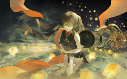 Rule 34 | 1girl, arm behind back, bare shoulders, black shirt, black shorts, brown hair, building, cha chya, closed mouth, commentary, flower-shaped pupils, full body, genshin impact, hat, holding, holding clothes, holding hat, hu tao (genshin impact), jewelry, lantern, leaning forward, long hair, looking at viewer, multiple rings, night, night sky, outdoors, porkpie hat, red eyes, ring, shirt, shorts, sky, sleeveless, sleeveless shirt, smile, solo, star (sky), starry sky, symbol-shaped pupils, twintails, unworn hat, unworn headwear, very long hair, wading, water