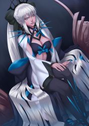 Rule 34 | 1girl, blue eyes, bow, braid, breasts, cleavage, clothing cutout, dress, fate/grand order, fate (series), hair bow, hair ornament, hand on own knee, highres, kouichi09, large breasts, long hair, morgan le fay (fate), navel cutout, parted lips, silver hair, sitting, solo, thighhighs, very long hair