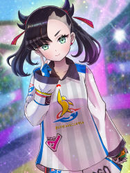Rule 34 | &gt;:), 1girl, asymmetrical bangs, ball, black hair, closed mouth, collarbone, collared shirt, creatures (company), dusk ball, dynamax band, earrings, fingerless gloves, game freak, gloves, green eyes, gym challenge uniform, gym uniform, hair ribbon, hand up, holding, holding ball, holding poke ball, jersey, jewelry, light blush, marnie (pokemon), medium hair, multicolored background, nintendo, pointing, pointing up, poke ball, pokemon, pokemon swsh, red ribbon, ribbon, setta shu, shirt, single glove, smile, solo focus, sportswear, stadium, striped clothes, striped shirt, twintails, two side up, v-shaped eyebrows, vertical-striped clothes, vertical-striped shirt