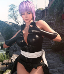 Rule 34 | ayane (doa), breasts, unworn clothes, dead or alive, dead or alive 5, highres, jaxxxer, large breasts, nipples, purple hair, red eyes