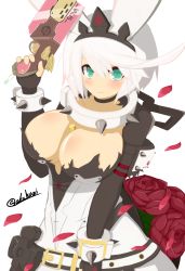Rule 34 | 1girl, absurdres, akahuzi, bad id, bad twitter id, between breasts, blush, breasts, choker, cleavage, elphelt valentine, flower, green eyes, guilty gear, guilty gear xrd, gun, highres, holding, holding weapon, large breasts, rose, smile, solo, spoilers, twitter username, weapon, white hair, wrist cuffs