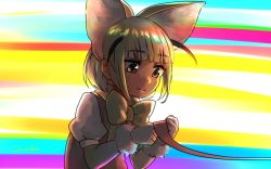 Rule 34 | 1girl, animal ear fluff, animal ears, blonde hair, blunt bangs, bow, bowtie, brown eyes, commentary, elbow gloves, extra ears, fennec (kemono friends), fox ears, fur trim, gloves, holding, holding ribbon, kemono friends, multicolored background, pink ribbon, pink vest, puffy short sleeves, puffy sleeves, ribbon, shirt, short hair, short sleeves, signature, solo, upper body, vest, welt (kinsei koutenkyoku), white shirt, yellow bow, yellow bowtie