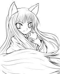 Rule 34 | 1girl, absurdres, animal ears, apple, eating, fang, female focus, food, fruit, greyscale, highres, holding, holding food, holding fruit, holo, lineart, monochrome, solo, spice and wolf, tail, transparent background, wolf ears, wolf tail, yume shokunin
