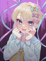Rule 34 | 1girl, :d, blonde hair, blue bow, blue eyes, blue hair, blue nails, blue shirt, bow, chouzetsusaikawa tenshi-chan, hair bow, hands on own face, hands up, heart, heart in eye, highres, long hair, long sleeves, looking at viewer, multicolored hair, multicolored nails, multiple hair bows, nail polish, needy girl overdose, open mouth, pink background, pink bow, pink hair, pink nails, purple bow, quad tails, sailor collar, sakuma (yr 0920), shirt, smile, solo, symbol in eye, upper body, yellow bow, yellow nails