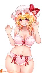 Rule 34 | 1girl, aged up, blonde hair, bow, bow bra, bow panties, bra, commentary, cross-laced clothes, cross-laced panties, crystal, english commentary, fang, flandre scarlet, frilled bra, frilled panties, frills, grin, hands up, hat, hat bow, highres, lingerie, looking at viewer, medium hair, mob cap, navel, one side up, panties, parted lips, patreon logo, patreon username, pink bra, pink panties, red bow, red eyes, red ribbon, ribbon, side ponytail, simple background, smile, sumisumii, touhou, underwear, watermark, web address, white background, wings