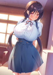 Rule 34 | 1girl, arms behind back, black hair, blue skirt, blush, bow, bowtie, breasts, bursting breasts, ceiling, collared shirt, commentary, couch, duplicate, evening, highres, huge breasts, indoors, kazuma (kazumav), large areolae, long hair, looking at viewer, low twintails, original, overall skirt, parted lips, red bow, red bowtie, shirt, short sleeves, skirt, solo, standing, suspender skirt, suspenders, twintails, white shirt, window, yellow eyes