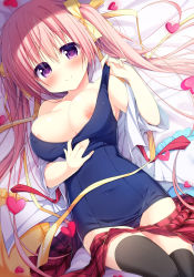 Rule 34 | 1girl, blush, breasts, clothes pull, covered navel, hair ribbon, heart, heart-shaped pupils, large breasts, long hair, looking at viewer, lying, natsuka (unagi-unagi-unagi), nipples, on back, one-piece swimsuit pull, open clothes, open shirt, original, pink hair, purple eyes, ribbon, school swimsuit, shirt, skirt, smile, solo, swimsuit, symbol-shaped pupils, thighhighs, twintails