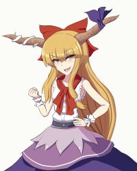 Rule 34 | 1girl, :d, absurdres, aohadapeach, bow, commentary, english commentary, fang, hair bow, highres, horn ornament, horn ribbon, horns, ibuki suika, looking at viewer, neckerchief, open mouth, orange eyes, orange hair, purple skirt, red bow, red neckerchief, ribbon, shirt, simple background, skirt, smile, solo, torn clothes, torn sleeves, touhou, white background, white shirt, wrist cuffs