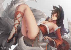 Rule 34 | 1girl, ahri (league of legends), animal ears, anus, black hair, bottomless, breasts, cleavage, detached sleeves, female pubic hair, finger in own mouth, fox ears, fox tail, highres, large breasts, league of legends, long hair, looking at viewer, low neckline, multiple tails, no panties, pubic hair, pussy, signature, sky of morika, solo, tail, uncensored, whiskers, yellow eyes