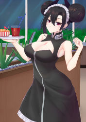 Rule 34 | 1girl, agent (girls&#039; frontline), armpits, asymmetrical hair, black dress, black hair, booth seating, breasts, bush, cable, cleavage, cleavage cutout, closed mouth, clothing cutout, collar, crazy straw, cup, diner, double bun, dress, drinking straw, girls&#039; frontline, gravel, hair ornament, heart straw, highres, holding, holding tray, indoors, looking at viewer, maid headdress, medium breasts, mixed-language commentary, pao mian+dan, partition, placard, red eyes, restaurant, sangvis ferri, sidelocks, sign, solo, table, tray, waitress
