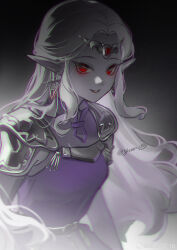 Rule 34 | 1girl, absurdres, armor, artist name, chinese commentary, commentary request, dark background, dark persona, dress, earrings, evil smile, gold armor, highres, jewelry, long hair, looking at viewer, nintendo, pale skin, pointy ears, princess zelda, purple dress, red eyes, shoulder pads, signature, smile, solo, the legend of zelda, the legend of zelda: ocarina of time, tiara, triforce earrings, upper body, weibo logo, weibo watermark, yun (dl2n5c7kbh8ihcx)