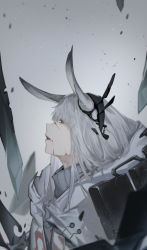Rule 34 | 1girl, absurdres, animal ears, arknights, blood, blood on face, blurry, blurry background, broken, eyes visible through hair, frostnova (arknights), green hair, grey background, grey eyes, grey theme, headgear, highres, hood, hood down, hooded jacket, jacket, long hair, parted lips, scratches, sola7764, solo, teeth, turtleneck, upper body, white theme
