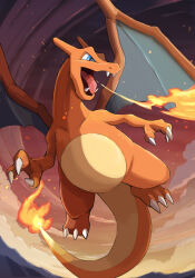 Rule 34 | blue eyes, breath weapon, breathing fire, charizard, cloud, commentary request, creatures (company), embers, fangs, fire, flame-tipped tail, full body, game freak, gen 1 pokemon, gradient eyes, highres, momota pix, mountain, multicolored eyes, nintendo, no humans, open mouth, outdoors, pokemon, pokemon (creature), red sky, sharp teeth, sky, smoke, teeth, tongue, v-shaped eyebrows