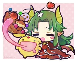Rule 34 | 1boy, apple, basket, berry, blush stickers, border, carbuncle (puyopuyo), chibi, closed eyes, coat, doradorakingyo, drooling, food, forehead jewel, fruit, grey hair, heart-shaped cookie, horns, kneeling, long hair, mouth drool, open mouth, pants, pie, pie slice, pointy ears, puyopuyo, red coat, red horns, red pants, satan (puyopuyo), white border, yellow horns