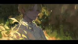 Rule 34 | 1boy, black border, blonde hair, border, check copyright, chinese commentary, collared shirt, commentary request, copyright request, foreshortening, highres, letterboxed, light particles, light smile, looking at viewer, male-female symbol, original, outdoors, parted lips, pinstripe pattern, pinstripe shirt, plant, qunqing123, shirt, short hair, solo, sunlight, teeth, upper body, white shirt, white sleeves, yellow eyes