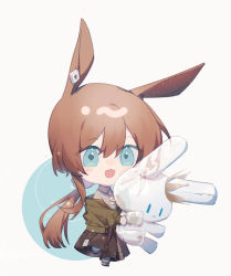 Rule 34 | 1girl, :3, :d, amiya (arknights), animal ears, arknights, belt, blue eyes, brown hair, chibi, crown, ear piercing, full body, green jacket, hair between eyes, highres, holding, idass (idass16), jacket, long sleeves, off shoulder, open mouth, piercing, ponytail, rabbit, rabbit ears, rabbit girl, scrunchie, see-through, simple background, smile, solo, sparkle, standing, standing on one leg, toy, two-tone background, white background, white legwear