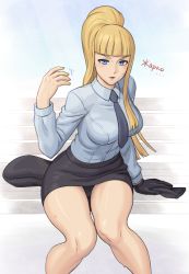 Rule 34 | 1girl, black gloves, black jacket, black necktie, black skirt, blonde hair, blue eyes, blunt bangs, breasts, unworn clothes, collared shirt, commentary request, fanning face, gloves, grey shirt, hand up, high ponytail, hot, jacket, kolin, long hair, long sleeves, looking at viewer, medium breasts, necktie, noppo (tarstation), parted lips, pencil skirt, ponytail, shiny skin, shirt, shirt tucked in, sitting, skirt, solo, straight hair, street fighter, sweat