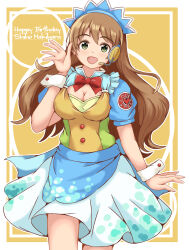 Rule 34 | 1girl, absurdres, apron, arm at side, birthday, blue apron, blue headdress, border, bow, bowtie, breasts, brown hair, character name, cleavage, cleavage cutout, clothes writing, clothing cutout, cowboy shot, den c2ism, english text, fingernails, green eyes, hand up, happy birthday, headdress, headset, highres, idol, idol clothes, idolmaster, idolmaster cinderella girls, large breasts, light blush, long hair, makihara shiho, medium bangs, microphone, multicolored clothes, multicolored shirt, multicolored skirt, official alternate costume, official alternate hairstyle, open mouth, outside border, puffy short sleeves, puffy sleeves, red bow, red bowtie, shirt, short sleeves, skirt, smile, solo, straight-on, straight hair, swept bangs, white nails, white skirt, white trim, white wrist cuffs, wrist cuffs, yellow background
