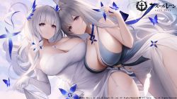 Rule 34 | 2girls, an yasuri, azur lane, banned artist, bare shoulders, blue eyes, blush, breasts, bug, butterfly, cleavage, closed mouth, copyright name, dress, elbow gloves, garter straps, gloves, grey hair, hair ornament, hands up, highres, illustrious (azur lane), insect, jewelry, large breasts, long hair, looking at viewer, mole, mole under eye, multiple girls, necklace, official art, parted lips, shinano (azur lane), sideboob, smile, thighhighs, white dress, white gloves, white thighhighs