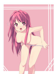 Rule 34 | 1girl, bent over, blush, breasts, censored, cleavage, convenient censoring, covering privates, female focus, leaning forward, long hair, open mouth, original, panties, panty pull, pink eyes, pink hair, saiste, solo, topless, underwear, undressing, very long hair
