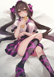 Rule 34 | 1girl, absurdres, black skirt, bow, brown hair, cellphone, crossed bangs, feet out of frame, geta, hair between eyes, hat, highres, himekaidou hatate, hitomin (ksws7544), holding, holding phone, knees together feet apart, leg ribbon, long hair, lying, miniskirt, necktie, on back, on bed, phone, pointy ears, puffy short sleeves, puffy sleeves, purple bow, purple hat, purple ribbon, ribbon, shirt, short sleeves, skirt, solo, tengu-geta, thighs, tokin hat, touhou, twintails, very long hair, white shirt