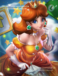 Rule 34 | 1girl, bare shoulders, blue eyes, brown hair, choker, crown, dress, earrings, freckles, frills, gloves, hat, jewelry, looking at viewer, mario (series), nintendo, princess daisy, sakimichan, solo, star (symbol), super mario bros. 1, super mario land, upper body, white gloves