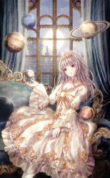Rule 34 | 1girl, couch, curtains, day, dress, feet out of frame, frilled dress, frills, grey hair, highres, indoors, lolita fashion, long hair, long sleeves, missile228, on couch, open mouth, original, pantyhose, planet, planetary ring, red eyes, sleeves past wrists, smile, solo, sun, tiara, white dress, white pantyhose, wide sleeves, window